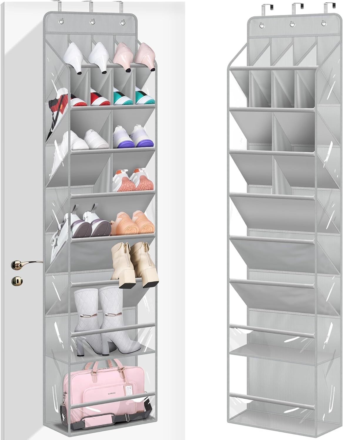 Clear over the Door Shoe Organizer Large Deep Pockets Hanging Shoe Rack for Closet Fit 20 Pairs Shoe Holder for Sneakers Boots Storage,Grey
