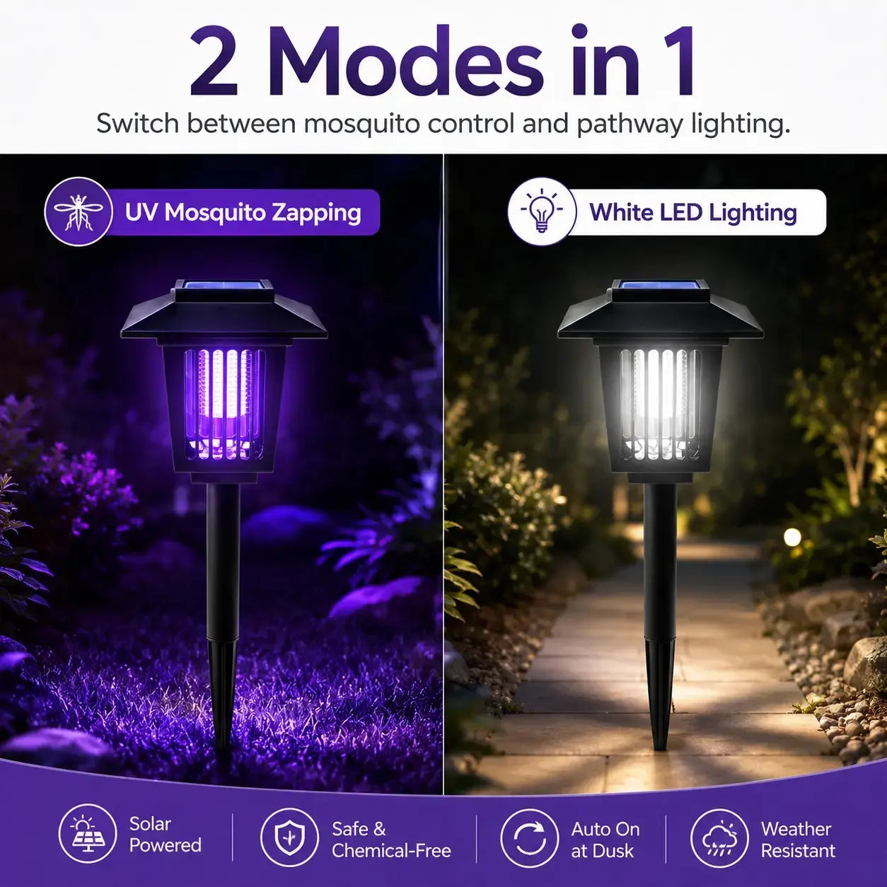 Solar-Powered Mosquito Zapper Light – Dual-Mode Outdoor Garden Stake Lamp for Insect Control & Pathway Lighting, Weather Resistant, Easy Setup, Available in Round & Square Designs