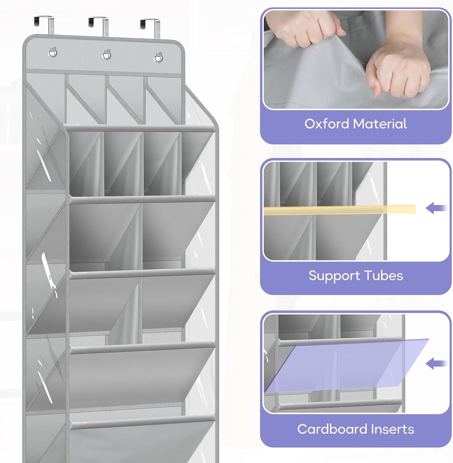Clear over the Door Shoe Organizer Large Deep Pockets Hanging Shoe Rack for Closet Fit 20 Pairs Shoe Holder for Sneakers Boots Storage,Grey