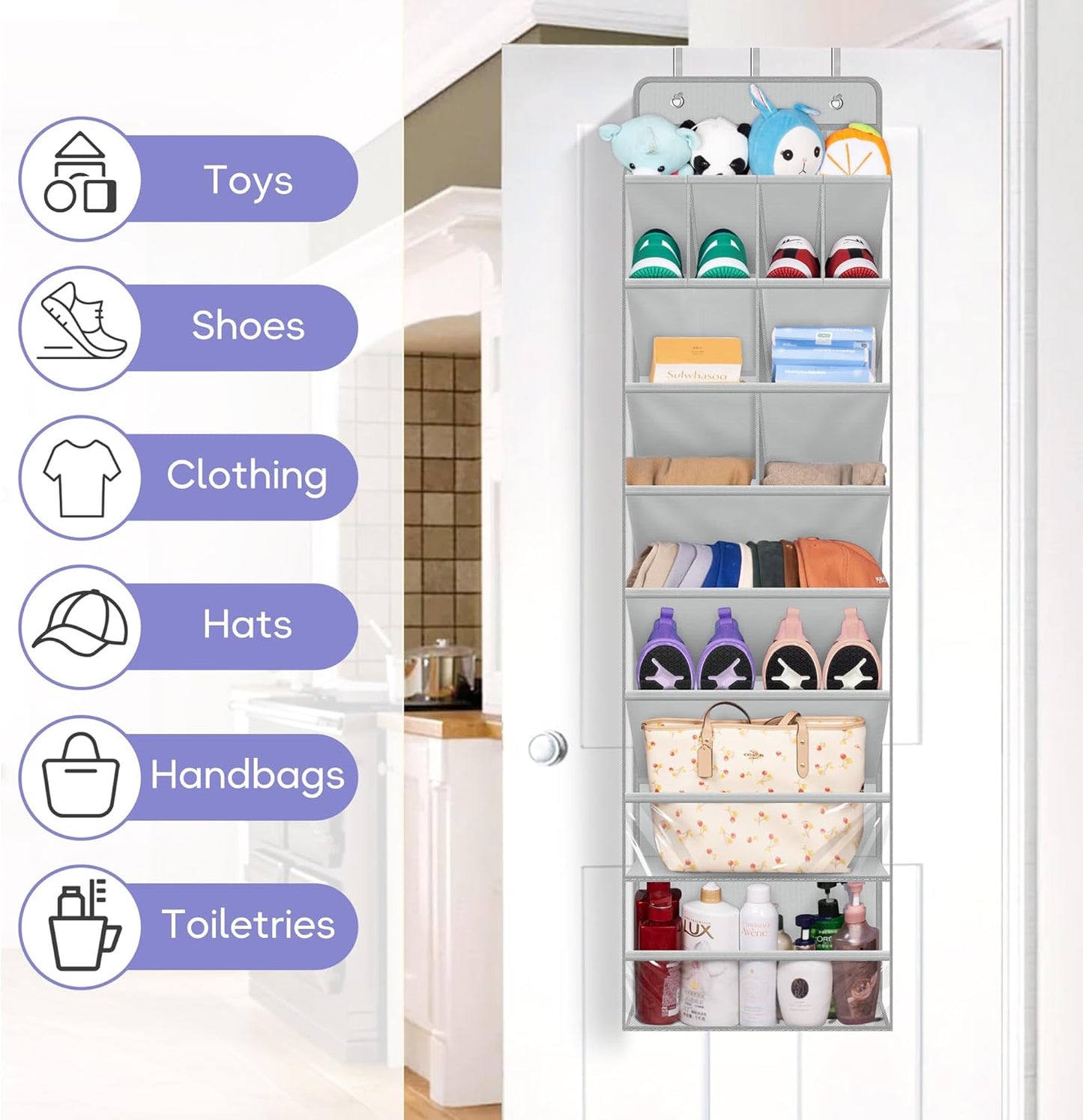 Clear over the Door Shoe Organizer Large Deep Pockets Hanging Shoe Rack for Closet Fit 20 Pairs Shoe Holder for Sneakers Boots Storage,Grey
