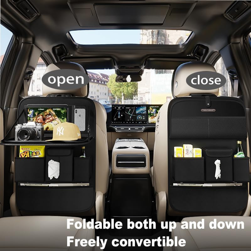 Back Seat Car Organizer 1 Pack,Backseat Organizer with Tray,Multifunctional Car Seat Back Storage Box with Foldable Tablet Holder (Black, Plain Weave)