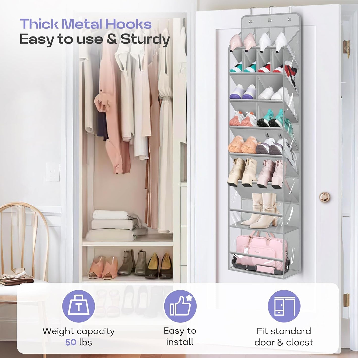Clear over the Door Shoe Organizer Large Deep Pockets Hanging Shoe Rack for Closet Fit 20 Pairs Shoe Holder for Sneakers Boots Storage,Grey