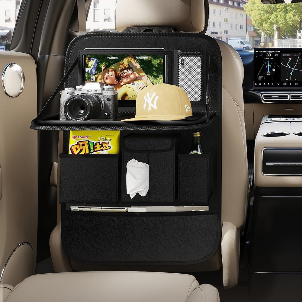 Back Seat Car Organizer 1 Pack,Backseat Organizer with Tray,Multifunctional Car Seat Back Storage Box with Foldable Tablet Holder (Black, Plain Weave)