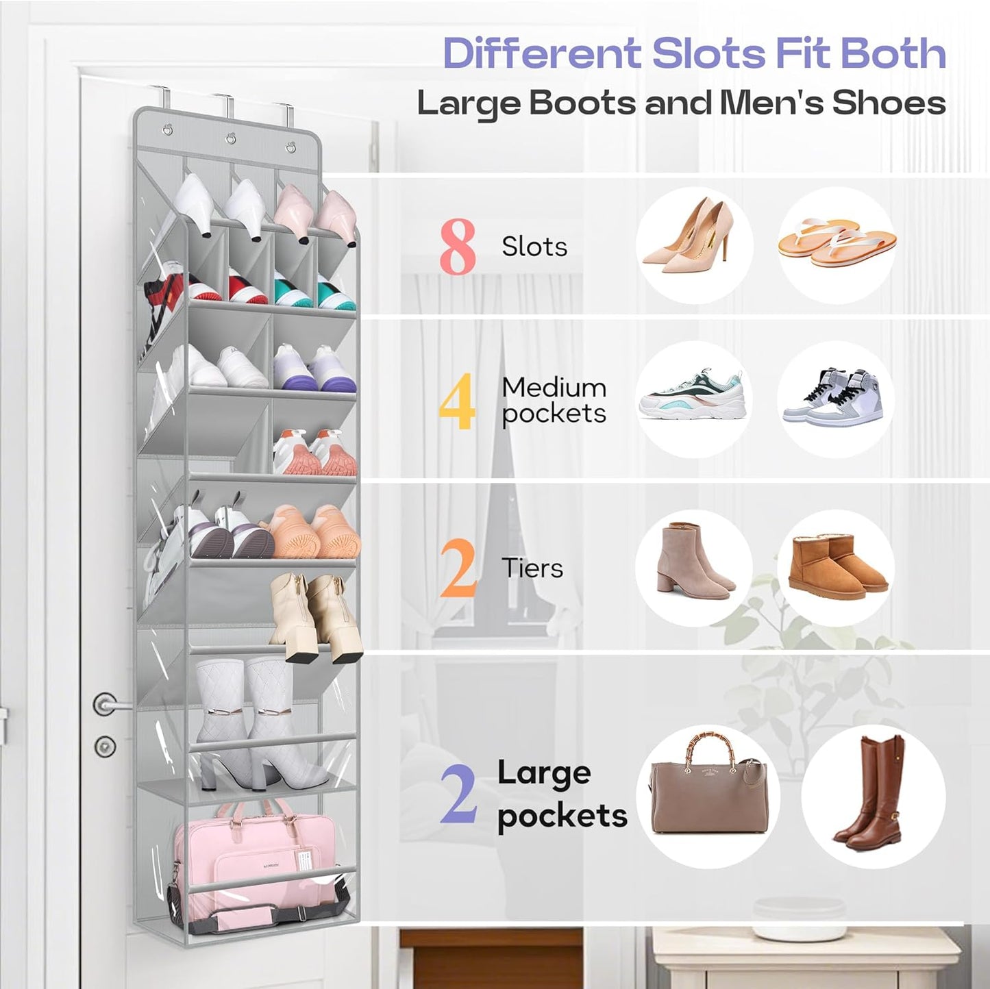 Clear over the Door Shoe Organizer Large Deep Pockets Hanging Shoe Rack for Closet Fit 20 Pairs Shoe Holder for Sneakers Boots Storage,Grey