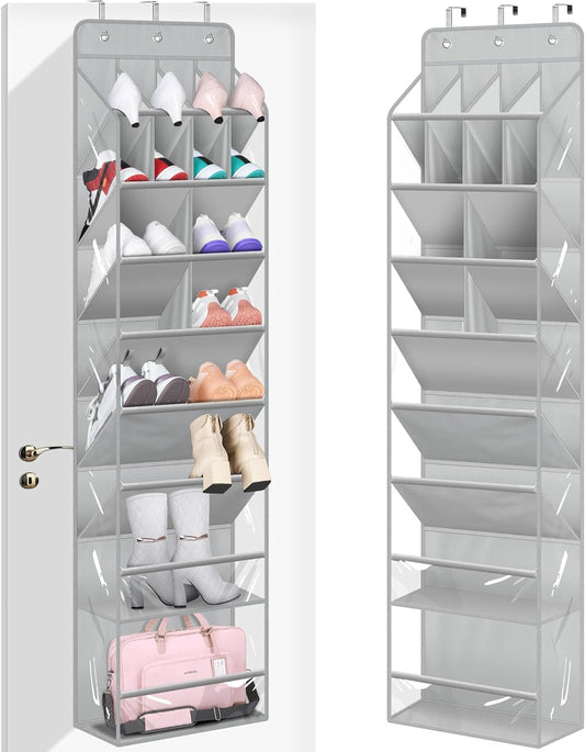 Clear over the Door Shoe Organizer Large Deep Pockets Hanging Shoe Rack for Closet Fit 20 Pairs Shoe Holder for Sneakers Boots Storage，Grey