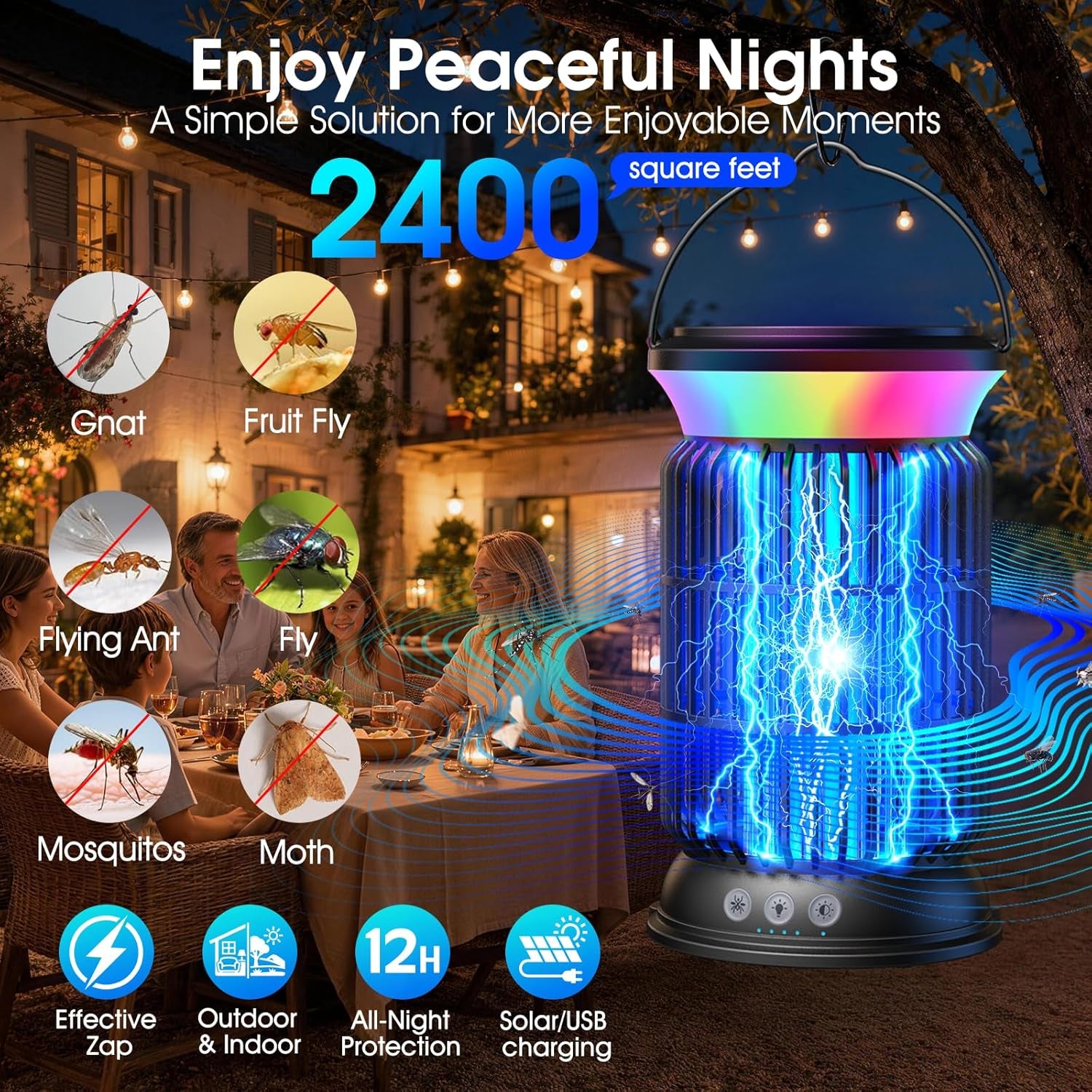 Solar Bug Zapper Outdoor, Powerful 4200V Electric Mosquito Zapper with Upgraded Mosquito Attraction Light, Auto On/Off, IPX6 Waterproof Insect Zapper for Patio, Garden & Camping