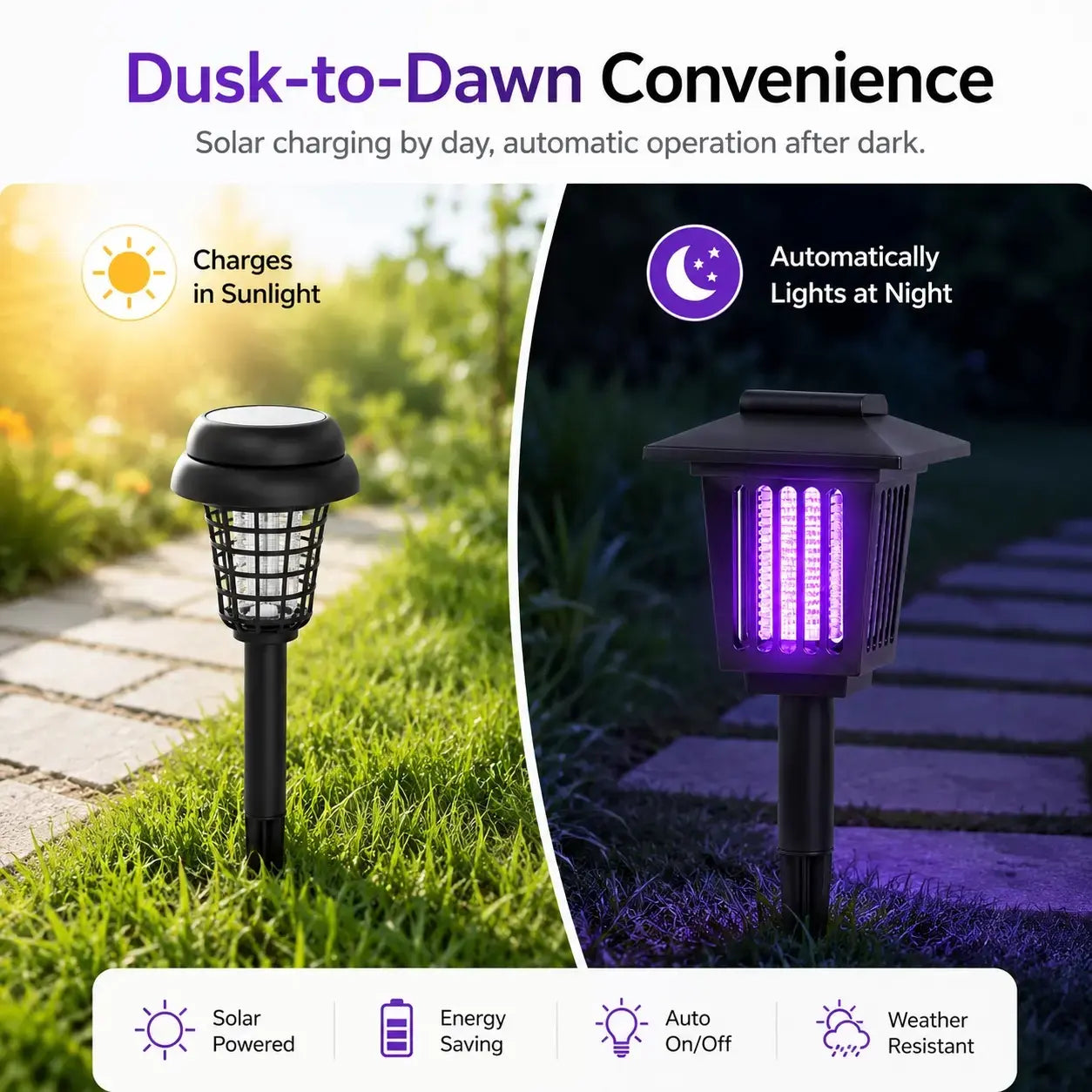 Solar-Powered Mosquito Zapper Light – Dual-Mode Outdoor Garden Stake Lamp for Insect Control & Pathway Lighting, Weather Resistant, Easy Setup, Available in Round & Square Designs