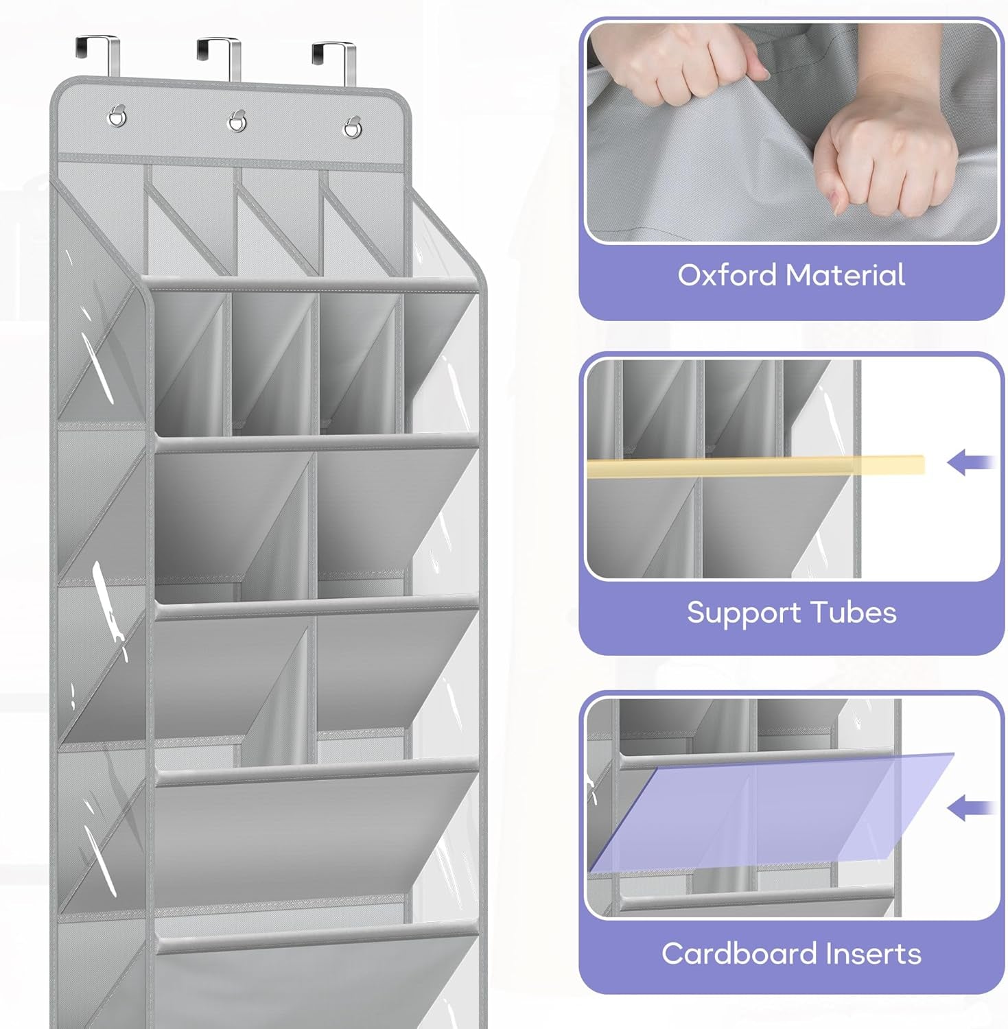 Clear over the Door Shoe Organizer Large Deep Pockets Hanging Shoe Rack for Closet Fit 20 Pairs Shoe Holder for Sneakers Boots Storage，Grey