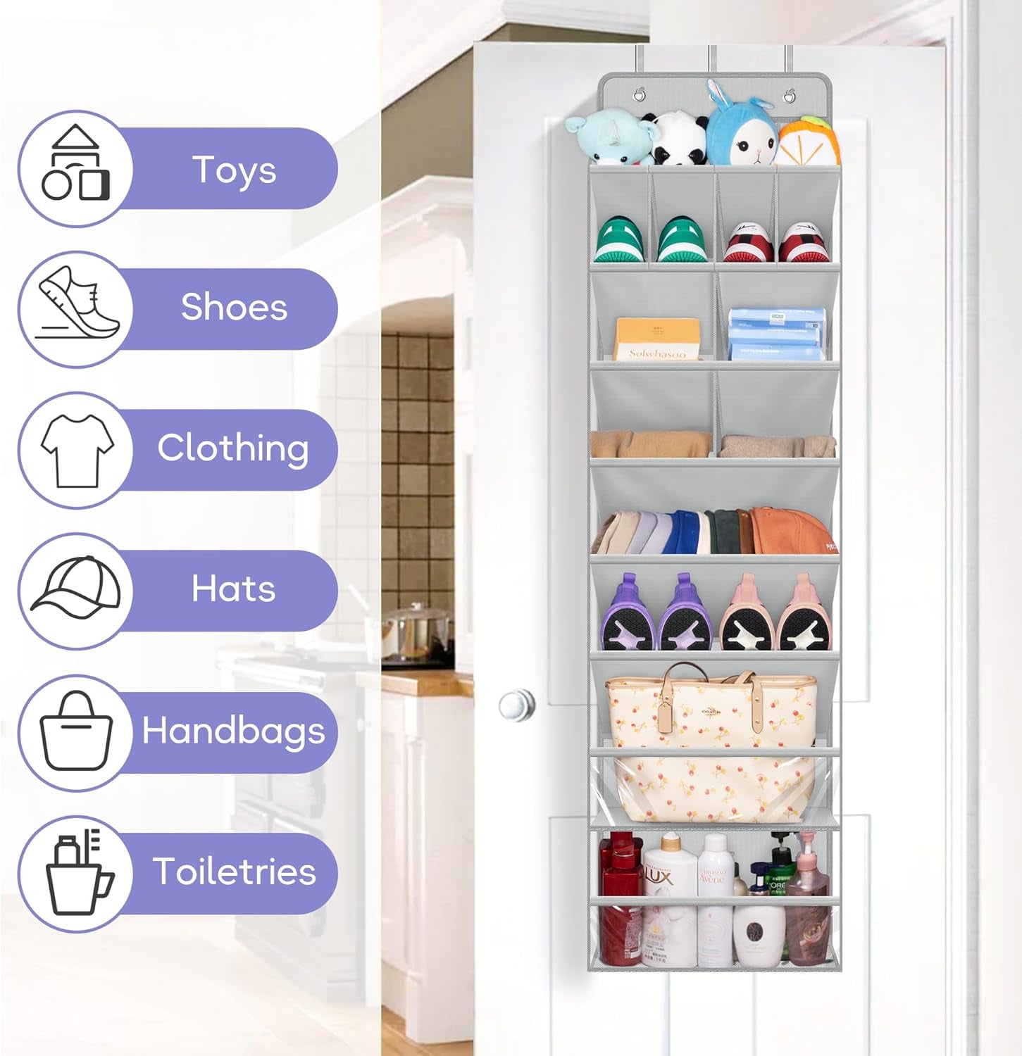 Clear over the Door Shoe Organizer Large Deep Pockets Hanging Shoe Rack for Closet Fit 20 Pairs Shoe Holder for Sneakers Boots Storage，Grey