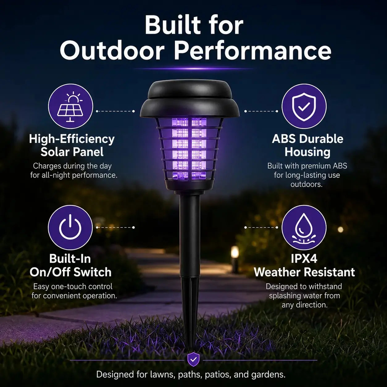 Solar-Powered Mosquito Zapper Light – Dual-Mode Outdoor Garden Stake Lamp for Insect Control & Pathway Lighting, Weather Resistant, Easy Setup, Available in Round & Square Designs