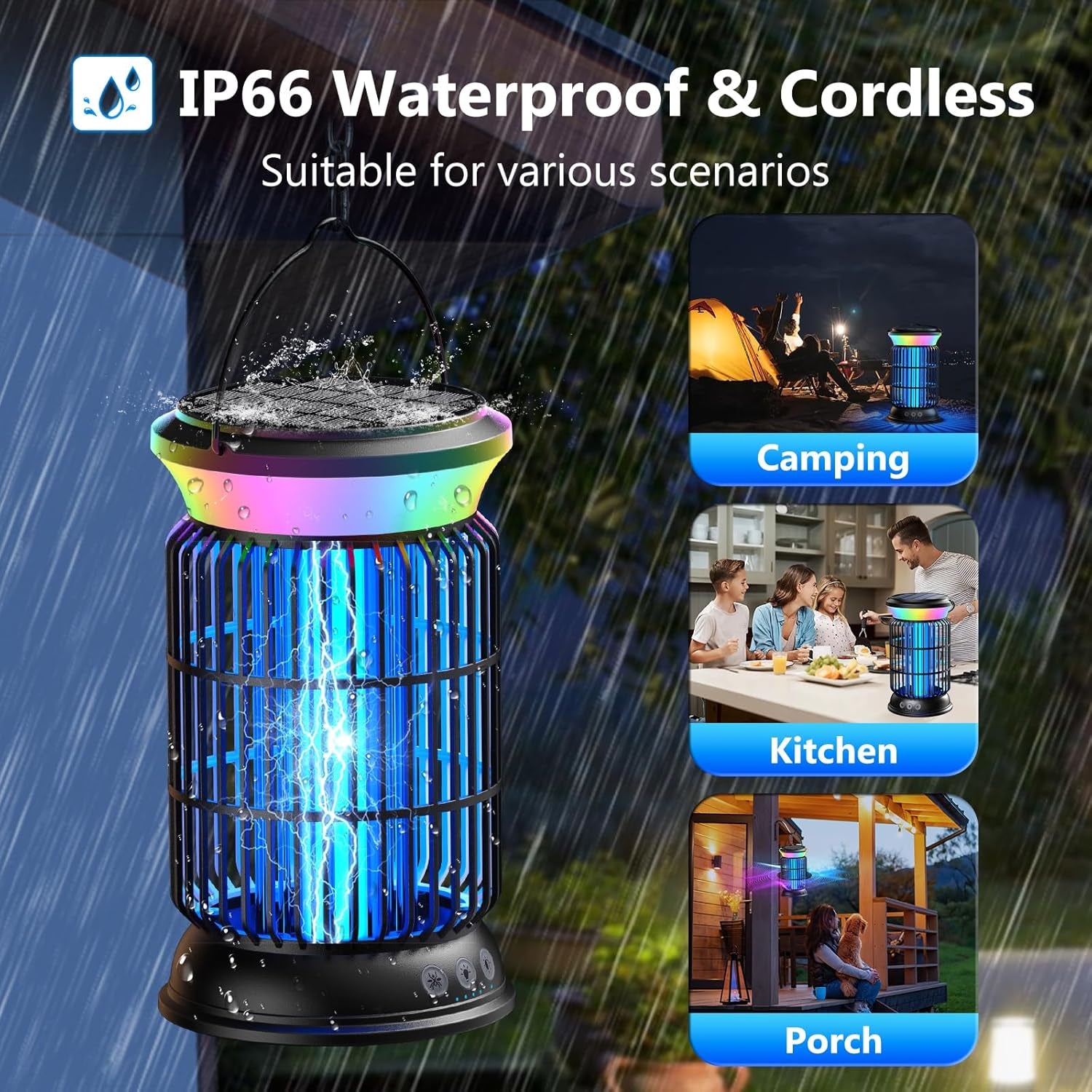 Solar Bug Zapper Outdoor, Powerful 4200V Electric Mosquito Zapper with Upgraded Mosquito Attraction Light, Auto On/Off, IPX6 Waterproof Insect Zapper for Patio, Garden & Camping