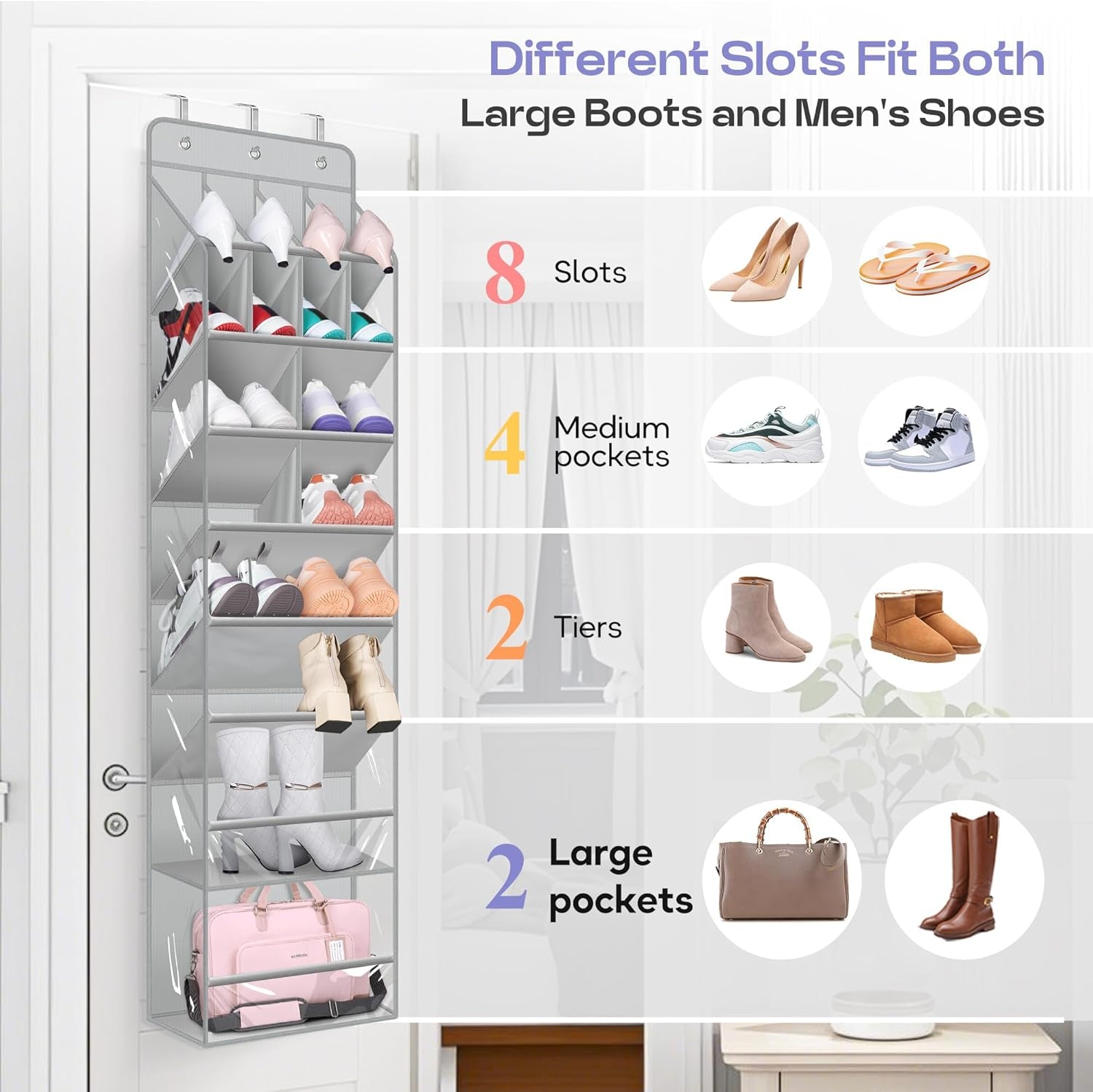 Clear over the Door Shoe Organizer Large Deep Pockets Hanging Shoe Rack for Closet Fit 20 Pairs Shoe Holder for Sneakers Boots Storage，Grey