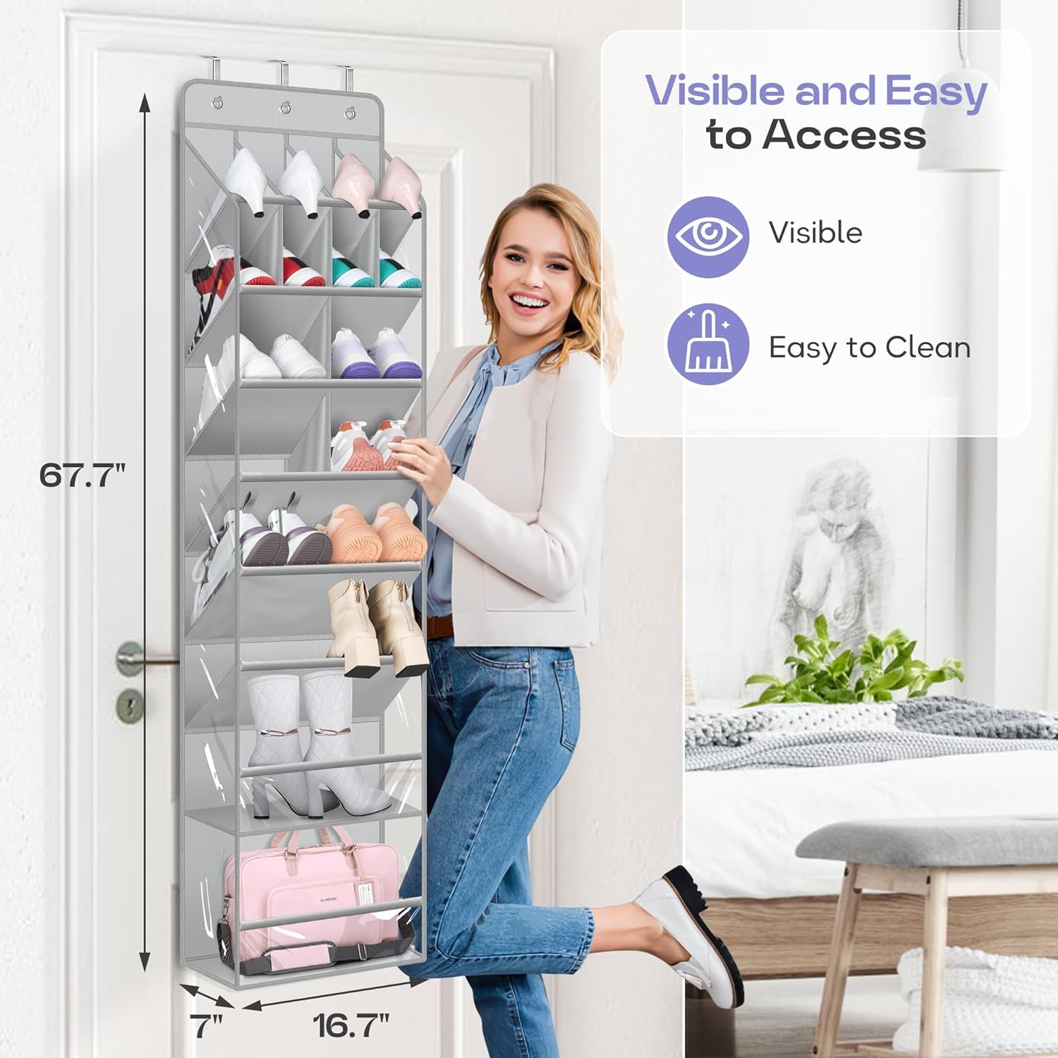 Clear over the Door Shoe Organizer Large Deep Pockets Hanging Shoe Rack for Closet Fit 20 Pairs Shoe Holder for Sneakers Boots Storage，Grey
